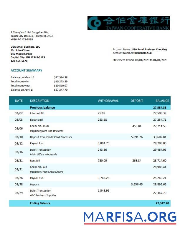Downloadable Taiwan Cooperative Bank organization statement Word and PDF template